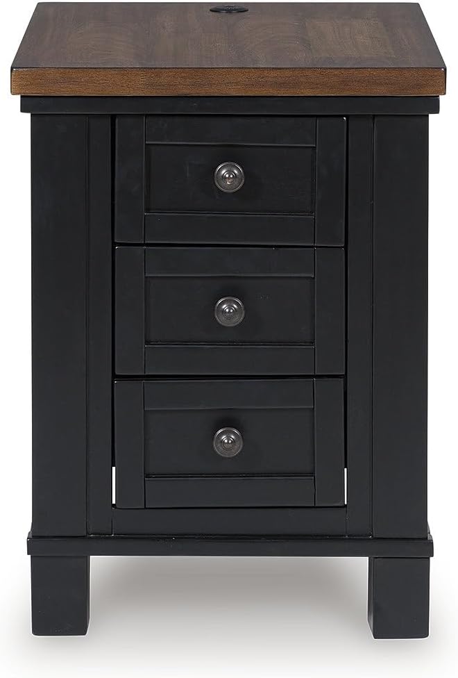 Signature Design by Ashley Wildenauer Farmhouse 3-Drawer Chairside End Table with USB Ports, Light Brown & Black