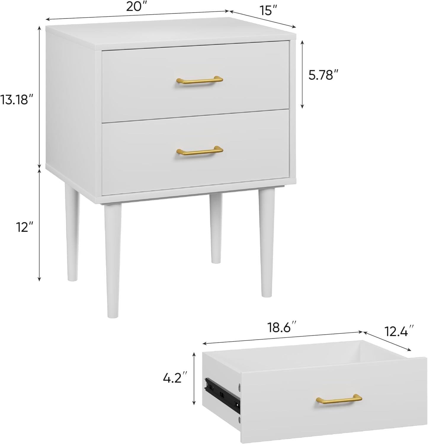 Set of 2 White Nightstand with 2 Drawers,Tall Night Stand with Gold Handles, Bedside Table with Solid Wood Legs, Nightstands for Bedroom