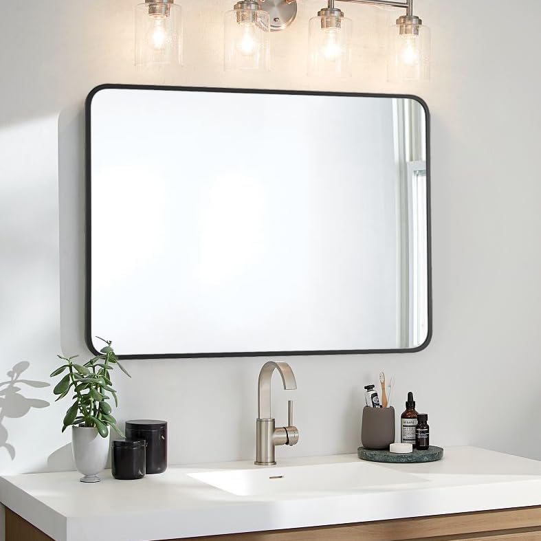 30"x40" Bathroom Wall Mirror with Matte Black Metal Frame & HD Glass, Copper-Free Mirrors Modern Rectangle Round Corner Framed Vanity Mirror - Horizontal or Vertical Installation