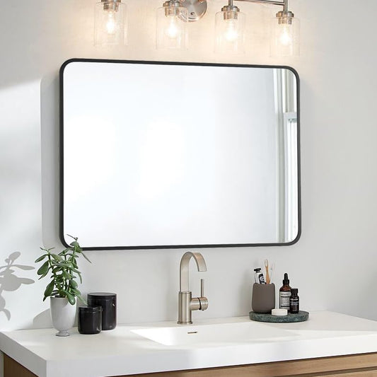 30"x40" Bathroom Wall Mirror with Matte Black Metal Frame & HD Glass, Copper-Free Mirrors Modern Rectangle Round Corner Framed Vanity Mirror - Horizontal or Vertical Installation