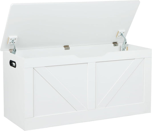 39.4" Storage Chest, Wooden Storage Bench, Large Storage Trunk with 2 Safety Hinges, Entryway Shoes Bench for Living Room, Bedroom, White