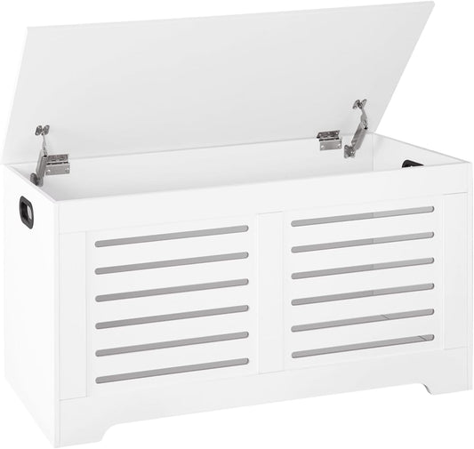 DINZI LVJ Storage Chest, Flip-Top Wooden Toy Box with 2 Safety Hinges, Retro Entryway Shoe Storage Bench, Sturdy Large Storage Trunk for Living Room, Bedroom, Easy Assembly, White