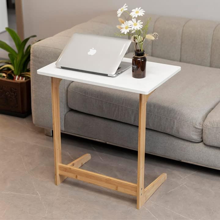 Forevich Bamboo Modern Tv Trays Table for Eating, Wood Couch Table End Snack Desk Sofa Side Table L Shaped White
