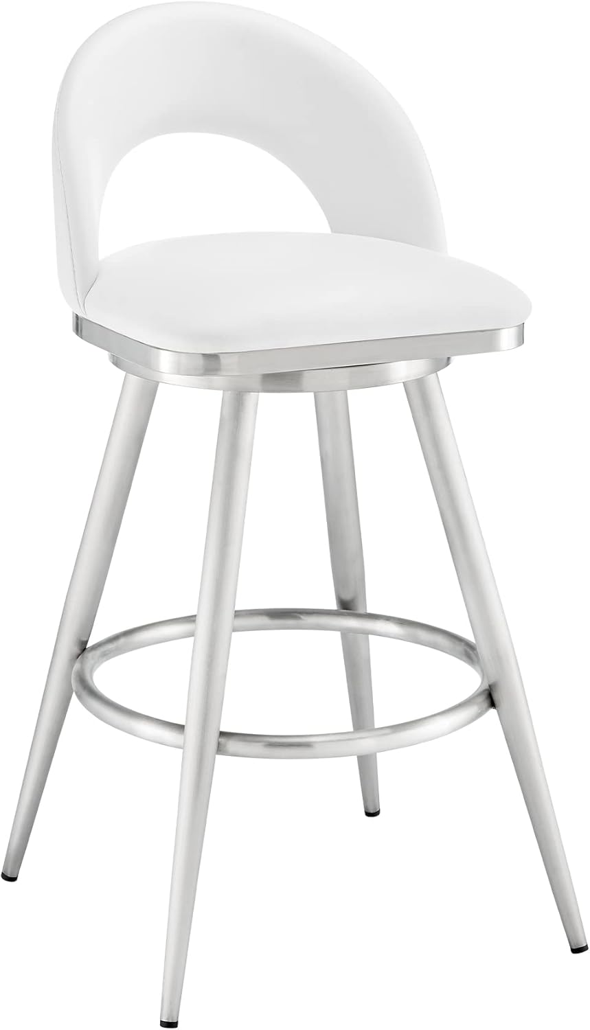 Armen Living Charlotte Swivel Bar Stool in Brushed Stainless Steel with White Faux Leather