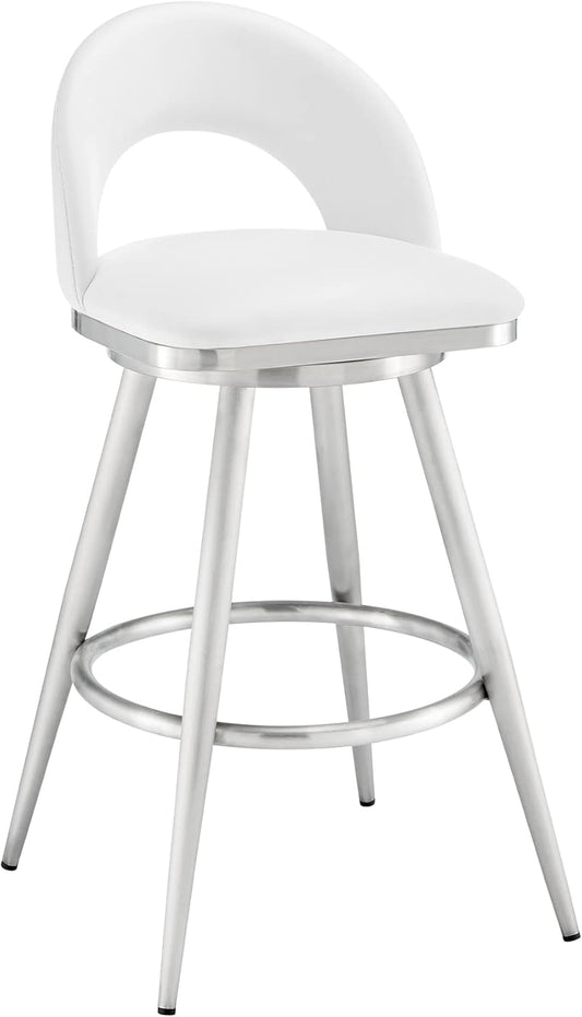 Armen Living Charlotte Swivel Bar Stool in Brushed Stainless Steel with White Faux Leather