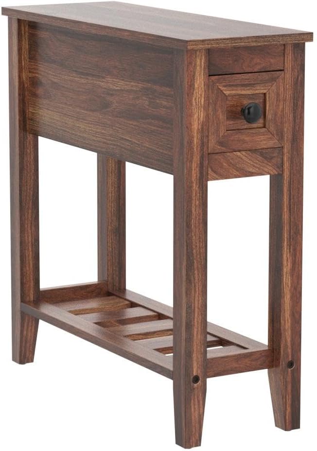 2 Pack Chairside Narrow End Table with Drawer, Solid Recliner Side Table with Storage Shelf, Slim Nightstand Bedside Table for Bedroom