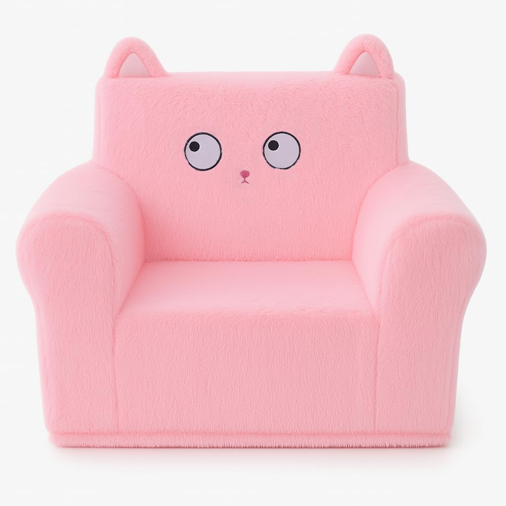 Cute Animal Toddler Foam Chair, Soft Faux Rabbit Fur, Comfy Toddler Lounge Chair and Couch with Arms, Removable Washable Cover, Kids Reading, Relaxing, for Playroom, Bedroom, Ages 1-3, Pink Cat