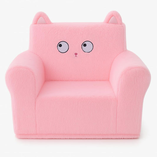 Cute Animal Toddler Foam Chair, Soft Faux Rabbit Fur, Comfy Toddler Lounge Chair and Couch with Arms, Removable Washable Cover, Kids Reading, Relaxing, for Playroom, Bedroom, Ages 1-3, Pink Cat