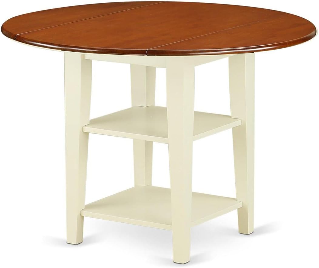 East West Furniture SUPL3-BMK-W 3 Piece Kitchen Table & Chairs Set Contains a Round Dining Room Table with Dropleaf & Shelves and 2 Solid Wood Seat Chairs, 42x42 Inch, Buttermilk & Cherry