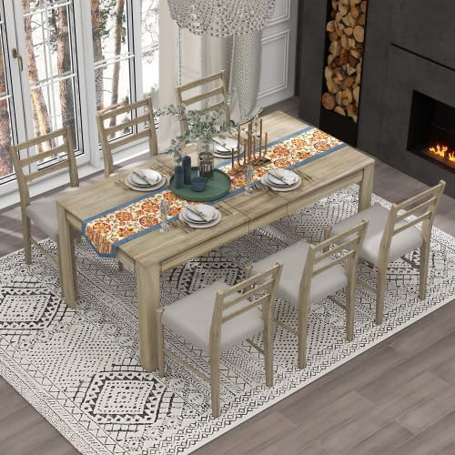 SogesHome 7-Piece Dining Table Set for 6-8 People, Extendable Solid Rubber Wood Kitchen Table with Leaf & 2 Storage Drawers, Chairs with Soft Cushion, Perfect for Kitchen, Dining Room (Natural)