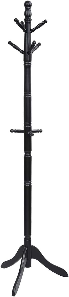 Tangkula Wood Coat Rack Freestanding, Entryway Height Adjustable Coat Stand with 9 Hooks & Stable Tri-Legged Base, Rubber Wood Coat Tree Hall Tree Coat Hanger Stand for Home Office Hall Entryway