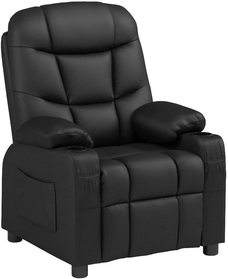 Costzon Kids Recliner Chair with Cup Holder, Adjustable Leather Lounge Chair w/Footrest & Side Pockets for Children Boys Girls Room, Ergonomic Toddler Furniture Sofa, Kids Recliner (Black)