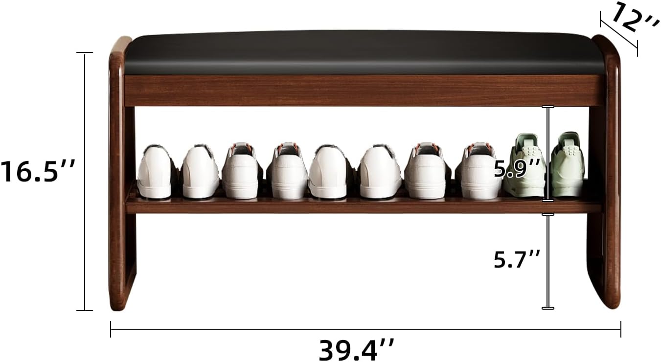 Wooden Shoe Storage Bench with Padded Top Cushion, Two-Tier Wooden Shoe Rack, Suitable for Bedrooms and Living Rooms, Black Walnut(39.4'')