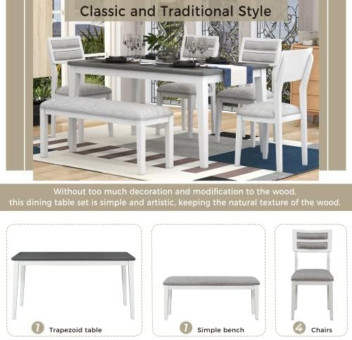 SogesHome Classic 6-Piece Dining Table Set, Rectangular Wooden Kitchen Table with Upholstered Chairs & Bench for Dining Room, Traditional Retro Farmhouse Dining Table for Kitchen, White+Grey