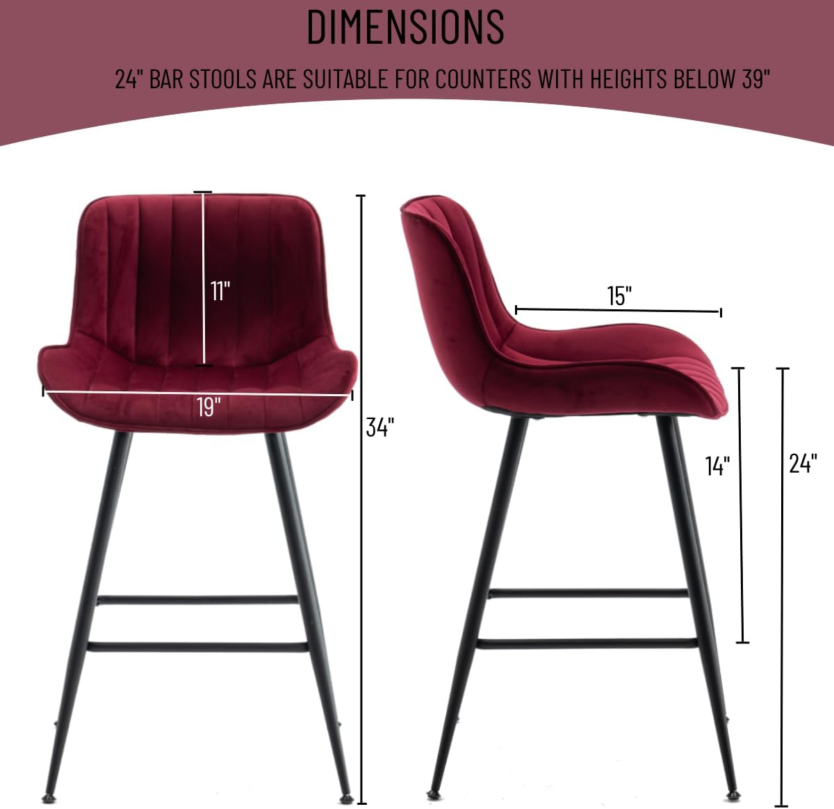 Bar Stools Set of 2 - Burgundy Counter Height Bar Stools Velvet Fabric Upholstered Bar Stools 24 Inches Seat Height Barstools with Backs Bar Chairs for Kitchen Island (Burgundy).