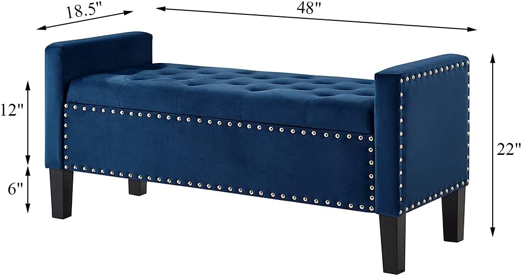 24KF Velvet Modern Upholstered Tufted Button Storage Bench with Arms for Bedroom,Entryway Living Room Soft Padded Seat-Navy