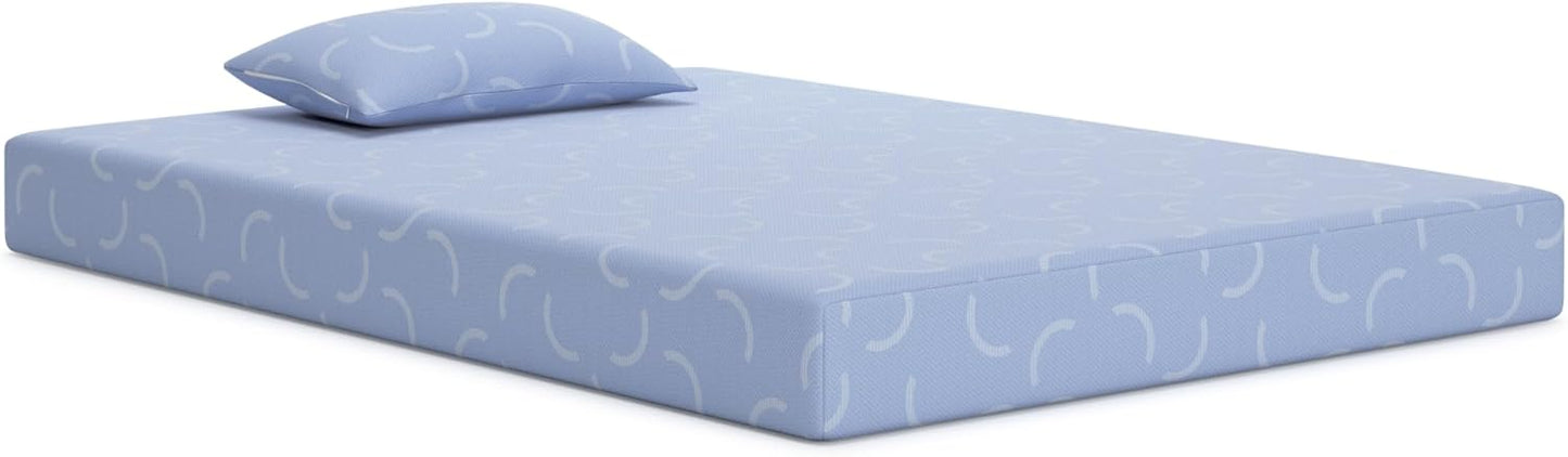 Signature Design by Ashley Full Size iKidz 7 Inch Firm Gel Memory Foam Mattress with Stretch Knit Cover & Pillow Included, Blue Ocean, Fiberglass Free, Mattress in A Box