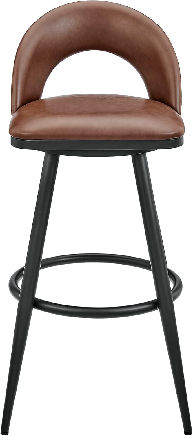 Armen Living Charlotte Swivel Counter Stool in Black Metal and Brown Faux Leather