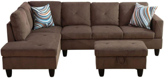 Brown L-Shaped 3-Piece Corduroy Fabric Sofa with Storage Ottoman Set, Sectional Couch Sofa Set for Living Room, Office, Small Space