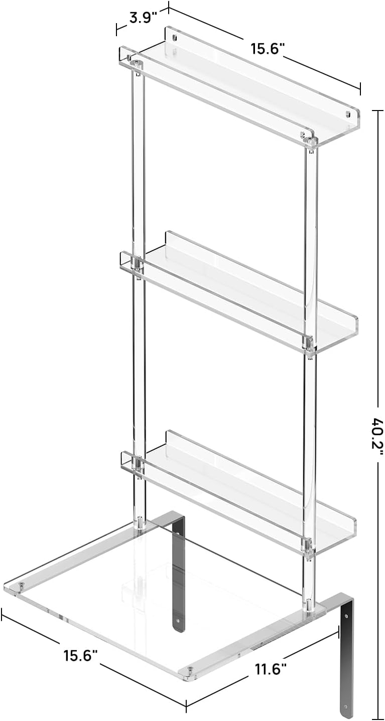 HMYHUM Wall Mounted Acrylic Record Player Stand, Clear Floating Record Player Table with Vinyl Storage, Modern, 15.6" L x 11.6" W x 40.2" H