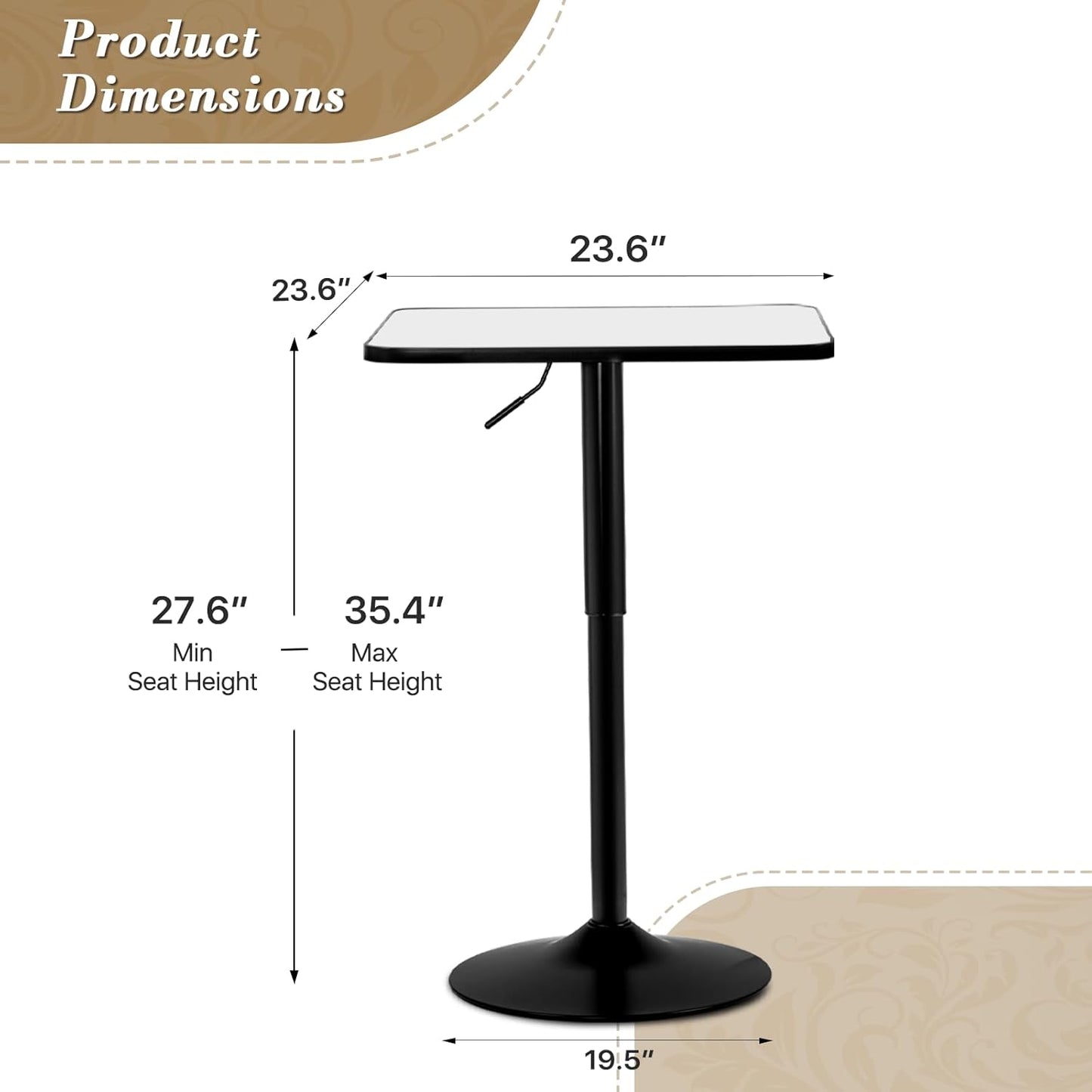 Athena Collection Modern Bar Table Square Top Height Adjustable, Tall Bistro Pub Cocktail Table Height Top and Sturdy Base, Suitable for Home Kitchen Pub Restaurant Outdoor, White