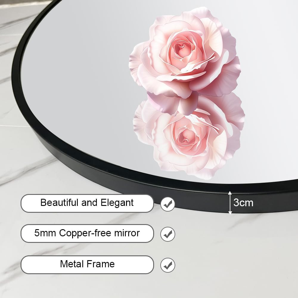 26inch Bathroom Round Mirror,Wall Mounted Vanity Mirror,Steel Frame,Black,Steel Frame