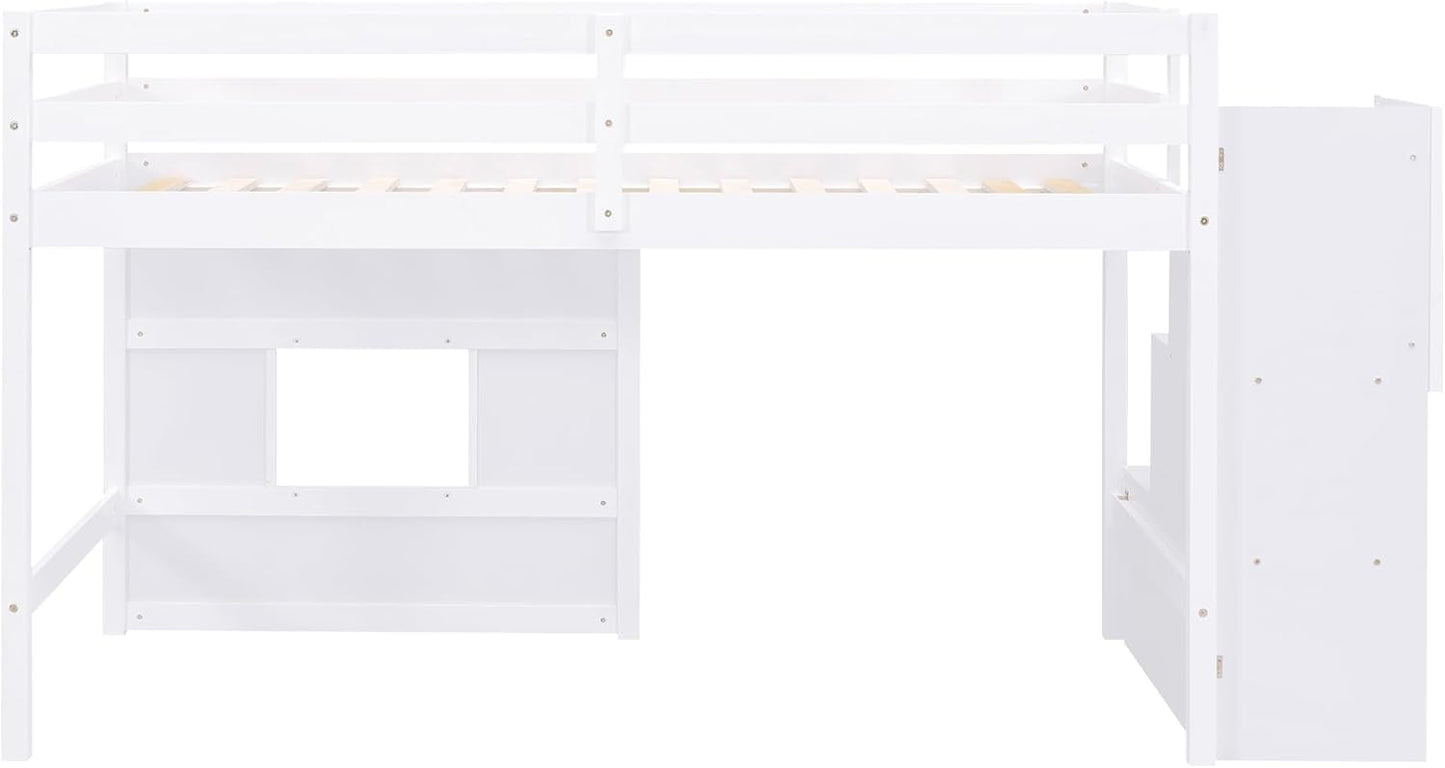 Twin Size Loft Bed with Storage Staircase and Window,Wood Twin Loft Bunk Bedframe with Full-Length Guardrail and Sturdy Slat Support, No Noise,No Box Spring Needed,for Kids,Boys,Girls,White