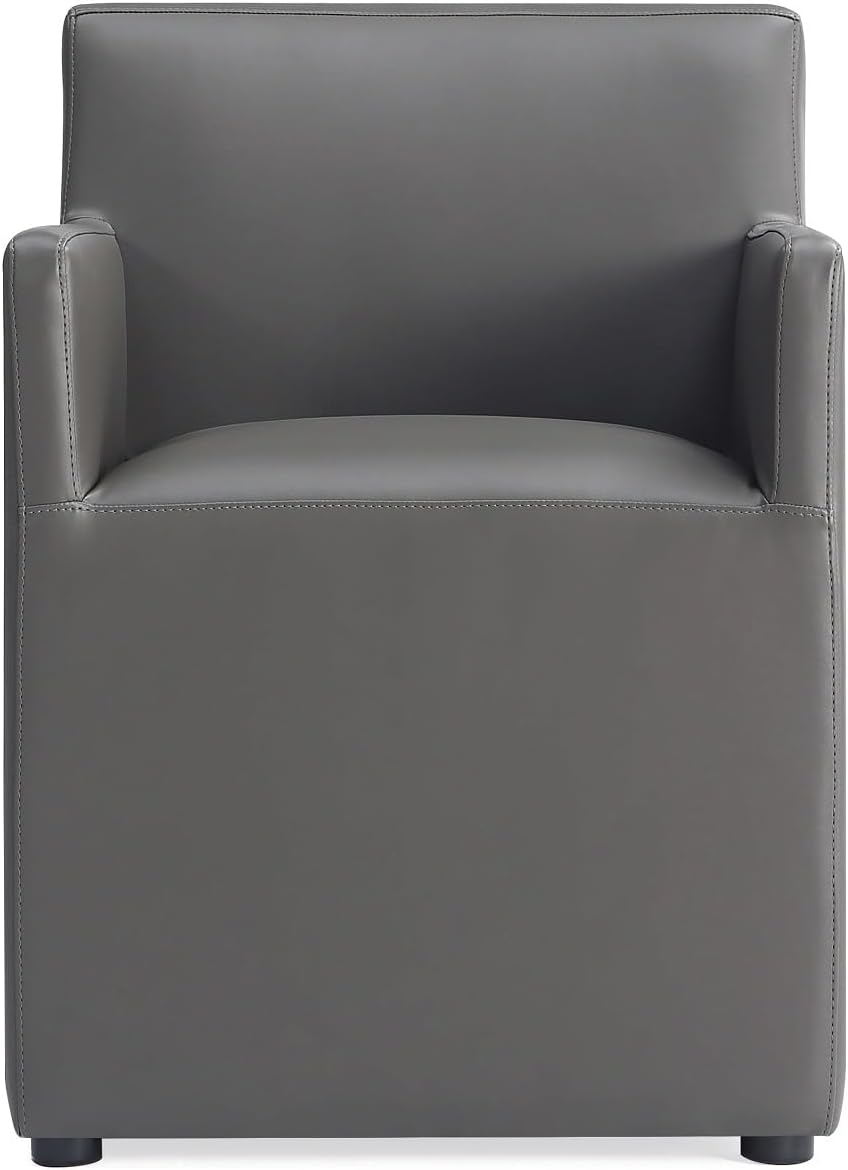 Manhattan Comfort Anna Square Modern Dining Chair with Arms, Head-to-Toe Faux Leather Upholstered Accent Armchair with Plastic Foot Padding, Set of 1, Pewter