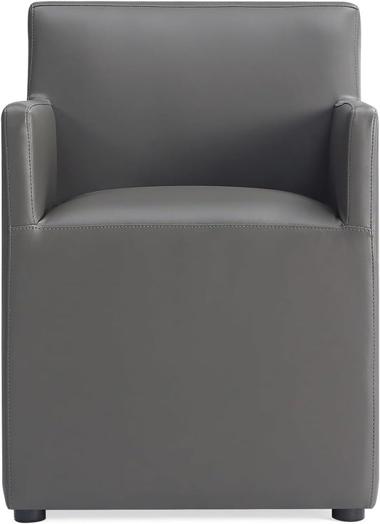 Manhattan Comfort Anna Square Modern Dining Chair with Arms, Head-to-Toe Faux Leather Upholstered Accent Armchair with Plastic Foot Padding, Set of 1, Pewter