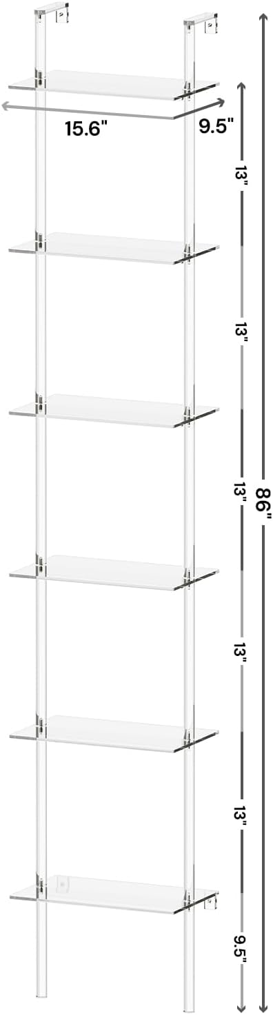 Small Acrylic Ladder Bookshelf, 9.5" D x 15.6" W, 6-Tier Clear Wall Mounted Book Shelf for Small Spaces, Multipurpose Bookcase for Living Room, Bathroom, Office, Modern, 86" H