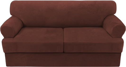 H.VERSAILTEX Sofa Cover 3 Piece T Cushion Sofa Slipcovers Thick Velvet Couch Cover Stretch T Cushion Sofa Covers for 2 Cushion Couch with 2 Individual T Cushion Covers, Burnt Brick
