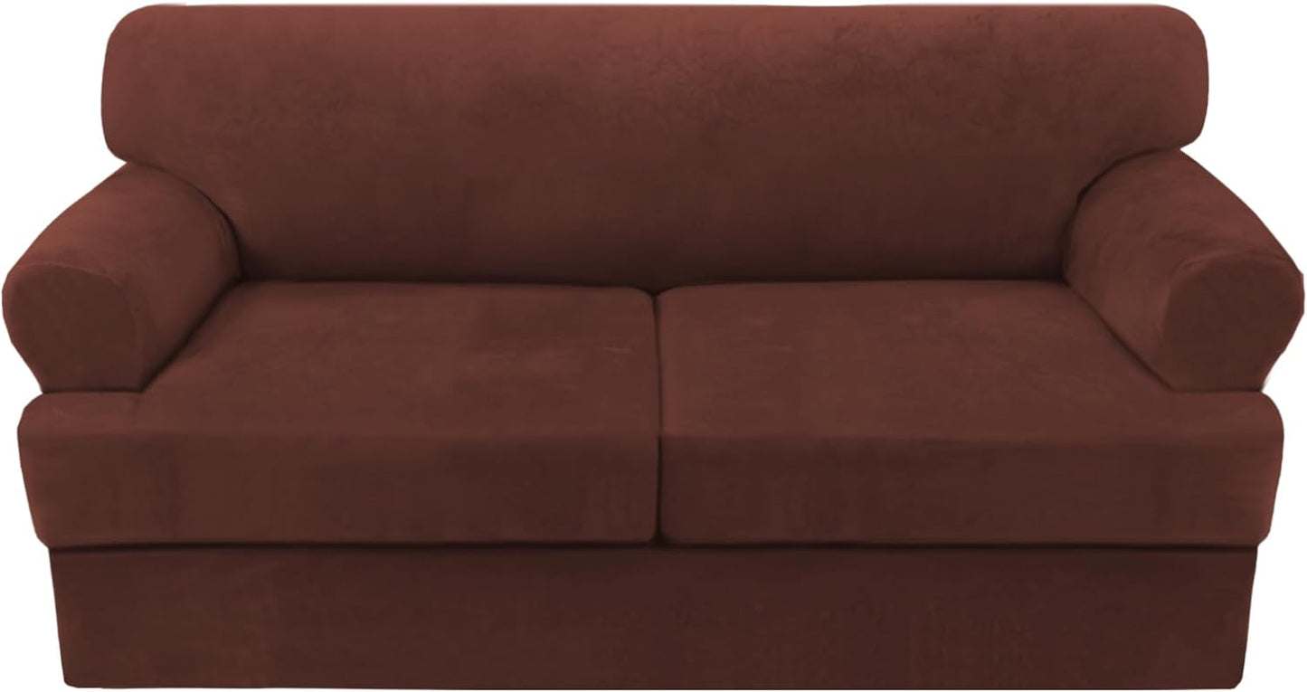 H.VERSAILTEX Sofa Cover 3 Piece T Cushion Loveseat Slipcovers Thick Velvet Couch Cover Stretch T Cushion Sofa Covers for 2 Cushion Couch with 2 Individual T Cushion Covers, Burnt Brick