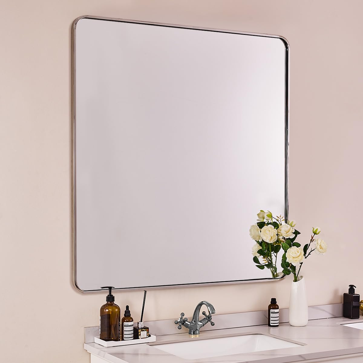 ANDY STAR 40x36 Inch Chrome Bathroom Mirror, Chrome Vanity Mirror for Wall, Rounded Rectangle Mirror, Anti-Rust SUS304, Seamless Tube Metal Frame, 1’’ Deep Wall Mounted Vertically/Horizontal