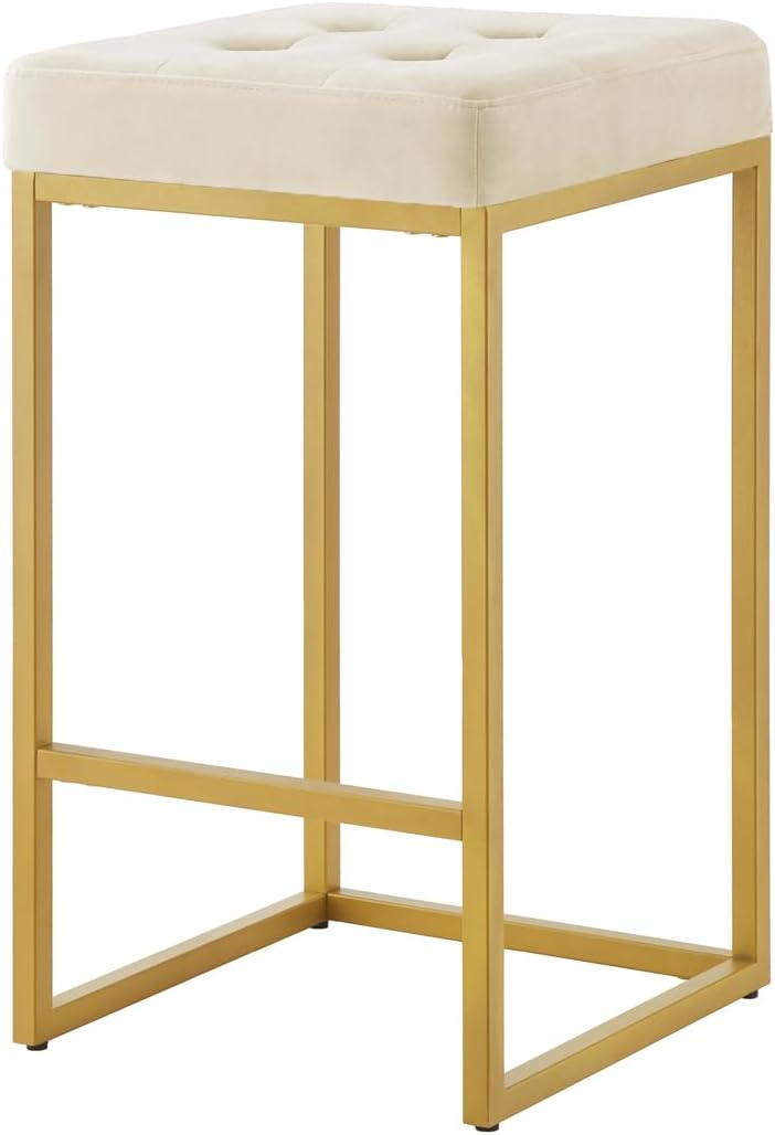 24KF Contemporary Counter Height Bar Stool Set of 2 for Kitchen Island, 26" H Velvet Padded Gold Barstool Bar Chair,5066-Cream