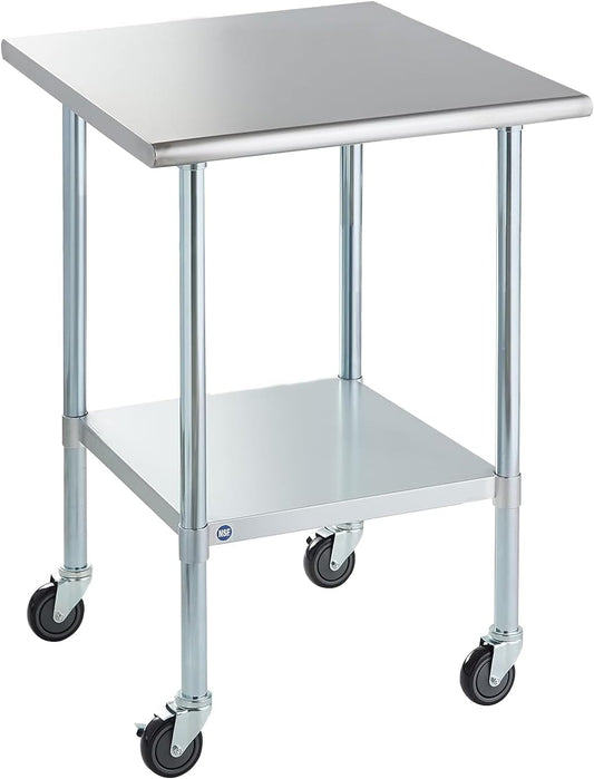 ROCKPOINT Stainless Steel Table for Prep & Work with Caster Wheels 30x30 Inches, NSF Commercial Heavy Duty Table with Undershelf and Legs for Restaurant, Home and Hotel