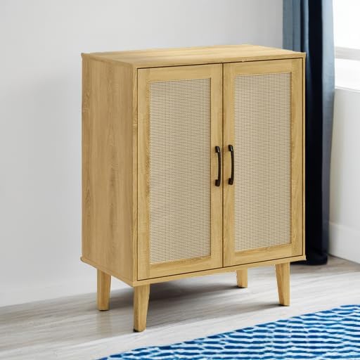 Rattan Decorated Buffet Cabinet - 2 Doors Simple Style Storage Cabinet, Shoe Cabinet with Adjustable Shelves, Sideboard for Kitchen, Living Room, Hallway, Entryway (Natural Wood)