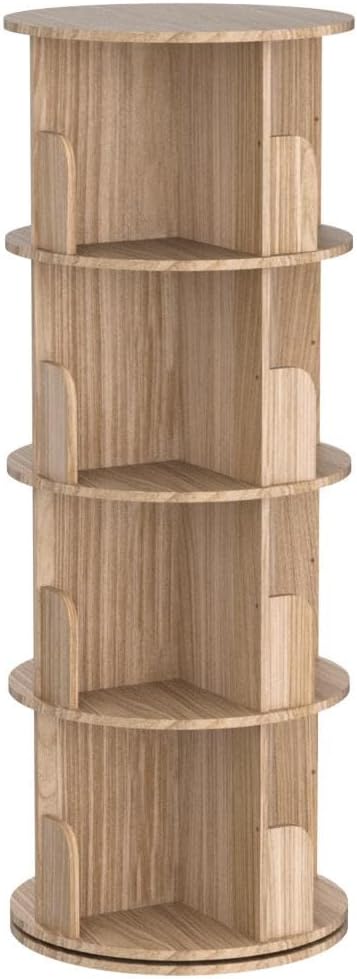Heehee Rotating Wooden Bookshelf 360 Display 4 Tier Floor Standing Bookcase Storage Rack for Kids&Adults Solid Wood Bookshelf Organizer