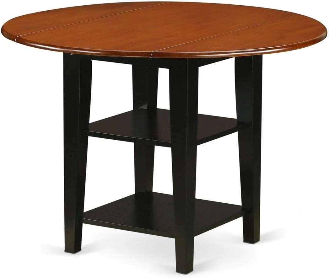 East West Furniture SUPF3-BCH-C 3 Piece Dining Room Table Set Contains a Round Kitchen Table with Dropleaf & Shelves and 2 Linen Fabric Upholstered Chairs, 42x42 Inch, Black & Cherry