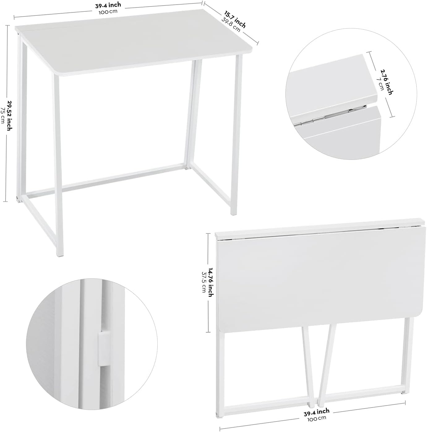 WOHOMO Folding Desk, Small Writing Desk 39.4", Space-Saving Foldable Laptop Table Writing Workstation for Home Office, Easy Assembly, White