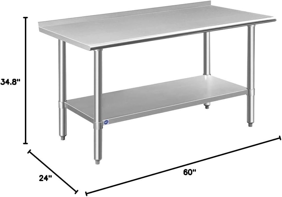 ROCKPOINT Stainless Steel Table for Prep & Work with Backsplash 24x60 Inches, NSF Metal Commercial Kitchen Heavy Duty Table with Adjustable Under Shelf and Table Foot for Restaurant, Home and Hotel