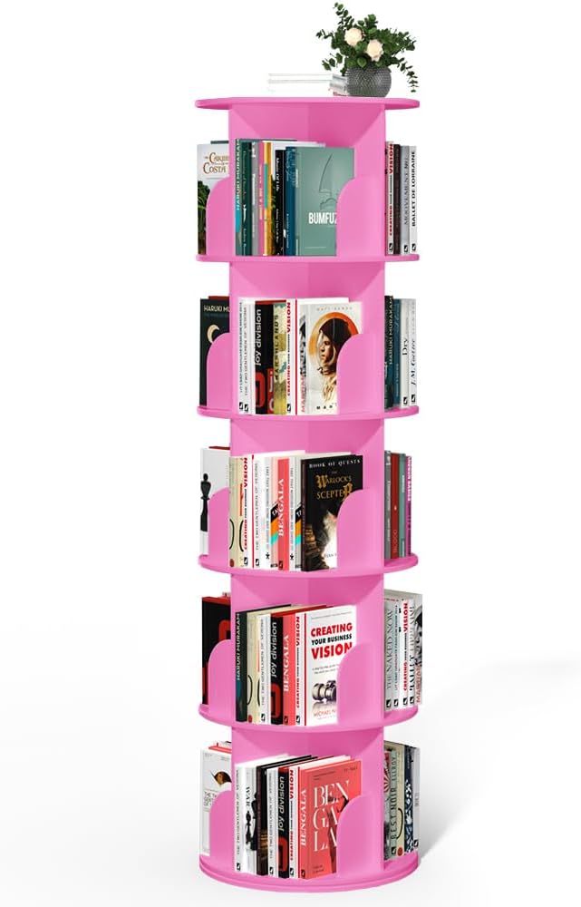 Nidouillet Rotating Bookshelf Tower, 5 Tier Spinning Bookcase Lazy Susan, Revolving 360 Book Shelf Storage Round Organizer, Vertical Rotate Turning Corner Book Case for Small Space, Pink