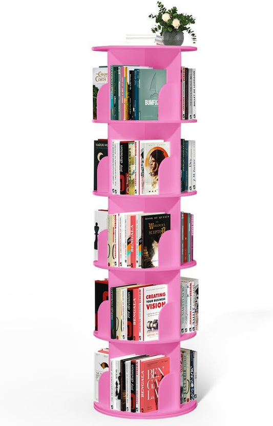 Nidouillet Rotating Bookshelf Tower, 5 Tier Spinning Bookcase Lazy Susan, Revolving 360 Book Shelf Storage Round Organizer, Vertical Rotate Turning Corner Book Case for Small Space, Pink