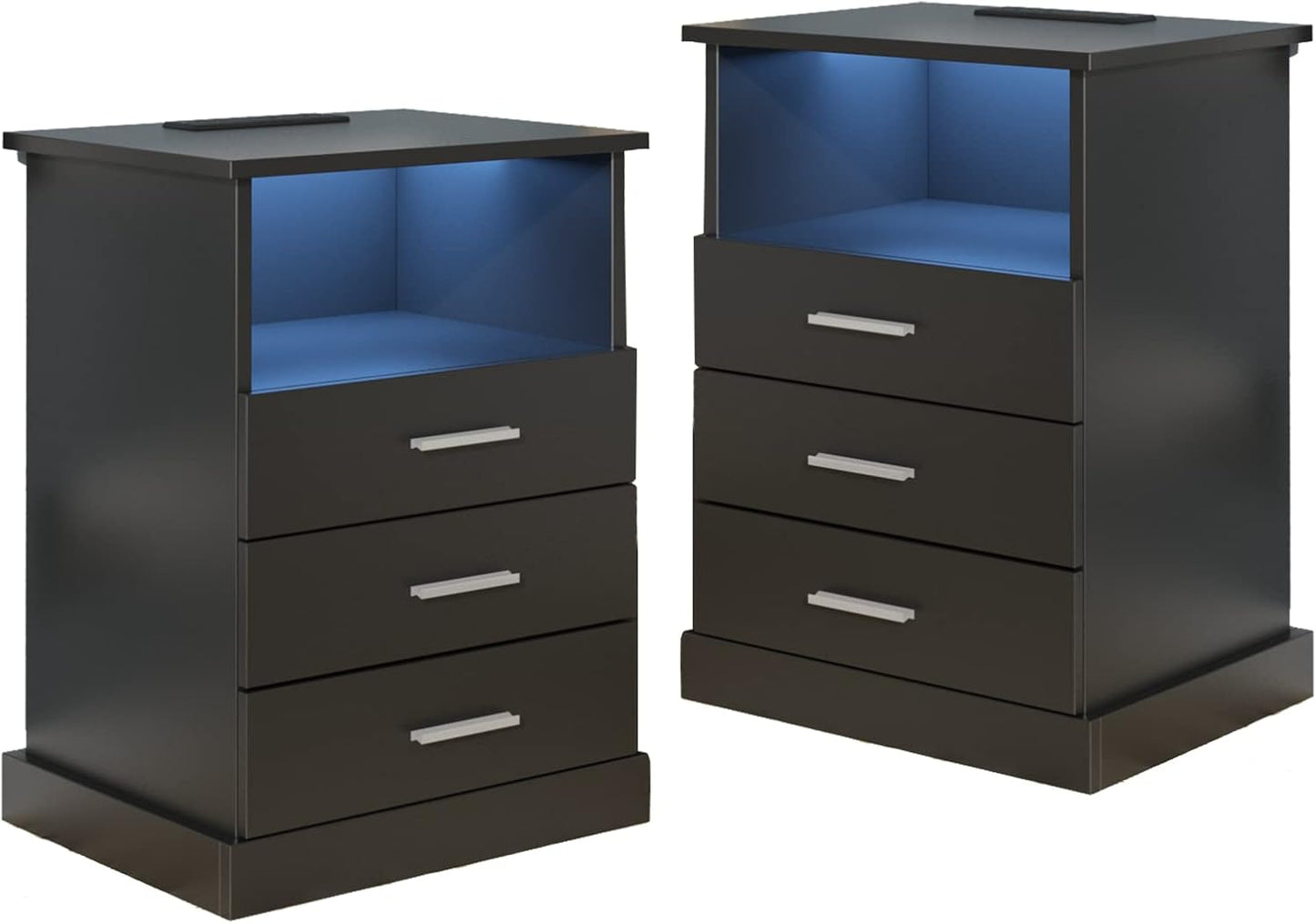 Black LED Nightstand with Charging Station, Side Table with 3 Drawers and Light, End Table with Open Storage, Beside Cabinet for Bedroom (Black 2 Set)