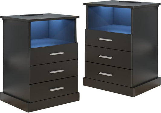 Black LED Nightstand with Charging Station, Side Table with 3 Drawers and Light, End Table with Open Storage, Beside Cabinet for Bedroom (Black 2 Set)