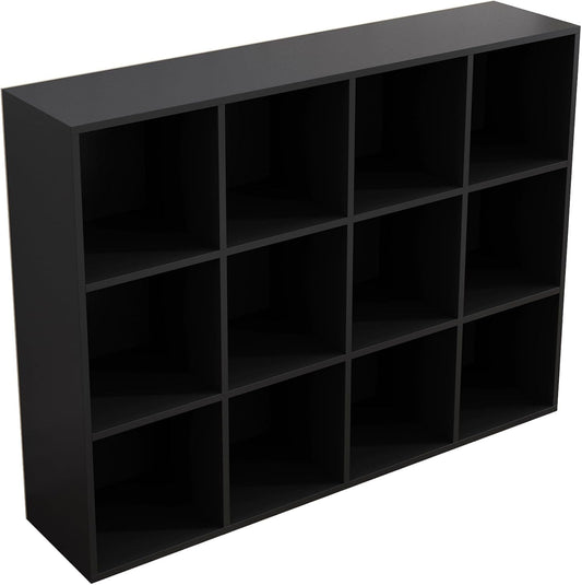 12-Cube Storage Shelf Bookcase - Wooden 3-Tier Floor Standing Open Bookshelf for Home and Office, Display Cabinet, Black