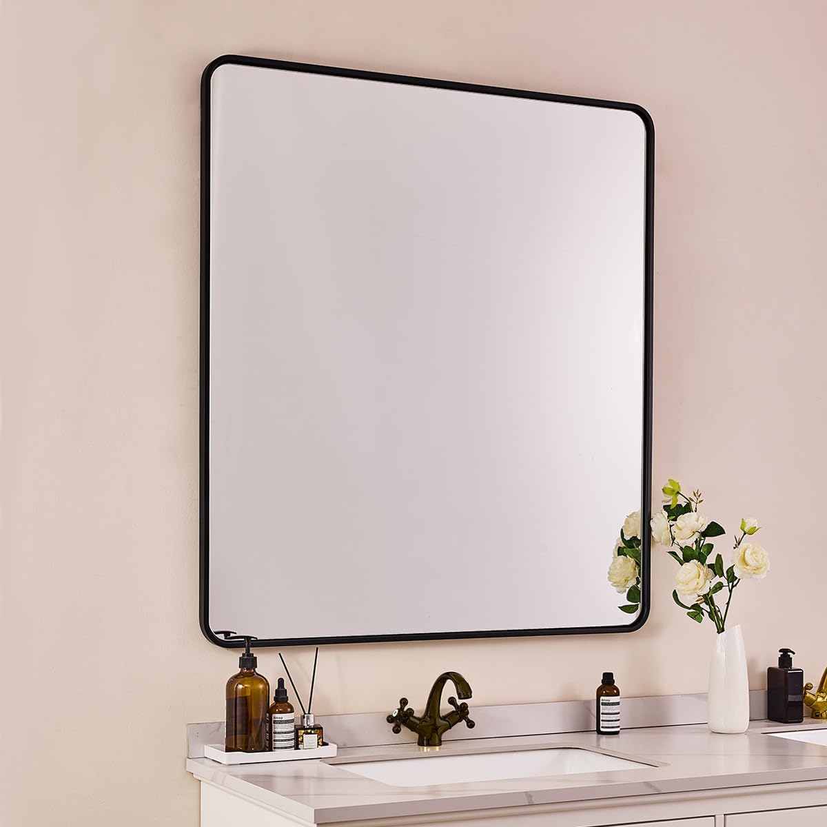 ANDY STAR 40X32 Inch Black Bathroom Mirror, Black Bathroom Vanity Mirrors for Wall, Rounded Rectangle Mirror for Bathroom, Seamless Tube Metal Frame, 1’’ Deep Wall Mounted Vertical/Horizontal