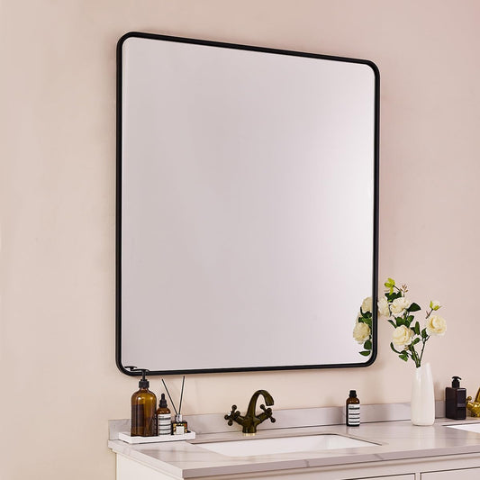 ANDY STAR 40X32 Inch Black Bathroom Mirror, Black Bathroom Vanity Mirrors for Wall, Rounded Rectangle Mirror for Bathroom, Seamless Tube Metal Frame, 1’’ Deep Wall Mounted Vertical/Horizontal