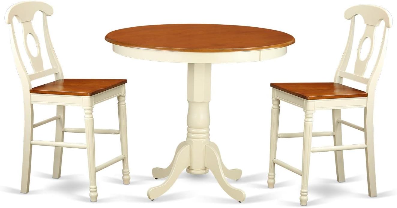 East West Furniture JAKE3-WHI-W 3 Piece Counter Height Dining Set for Small Spaces Contains a Round Wooden Table with Pedestal and 2 Kitchen Chairs, 36x36 Inch, Buttermilk & Cherry