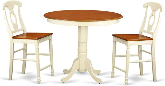 East West Furniture JAKE3-WHI-W 3 Piece Counter Height Dining Set for Small Spaces Contains a Round Wooden Table with Pedestal and 2 Kitchen Chairs, 36x36 Inch, Buttermilk & Cherry