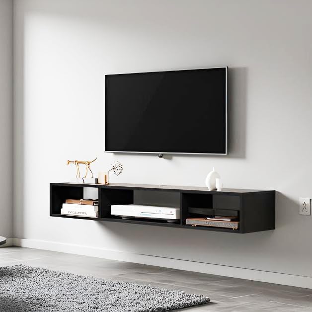 55" Floating TV Stand Modern Floating TV Console Wall Mounted Entertainment Center with Open Storage Cabinet Storage for Living Room Bedroom, Black